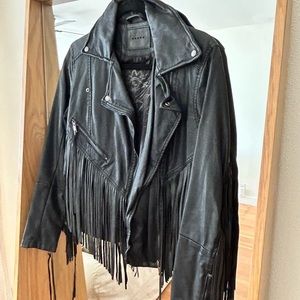 Blank NYC,black fringe leather jacket,Wear+tear on collar from hanging up.